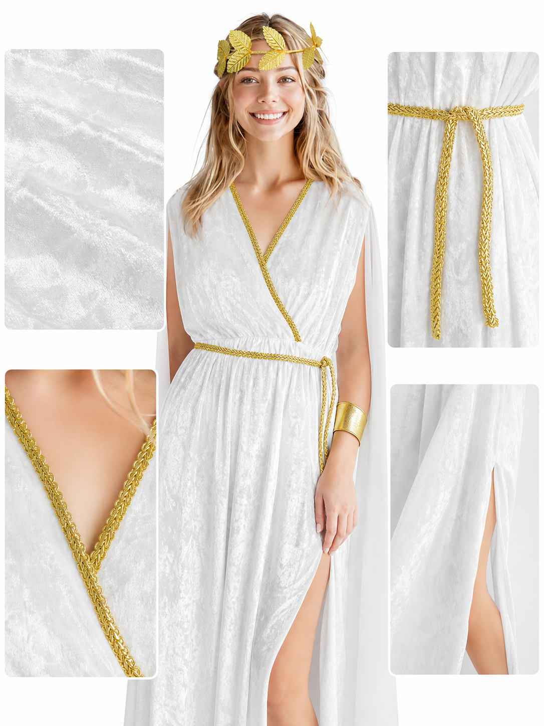 Women’s Greek Goddess Costume Dress, 4-Piece White Draped Outfit with Cape Panels, Leaf Crown Headband and Gold Wrist Cuffs for Cosplay Parties
