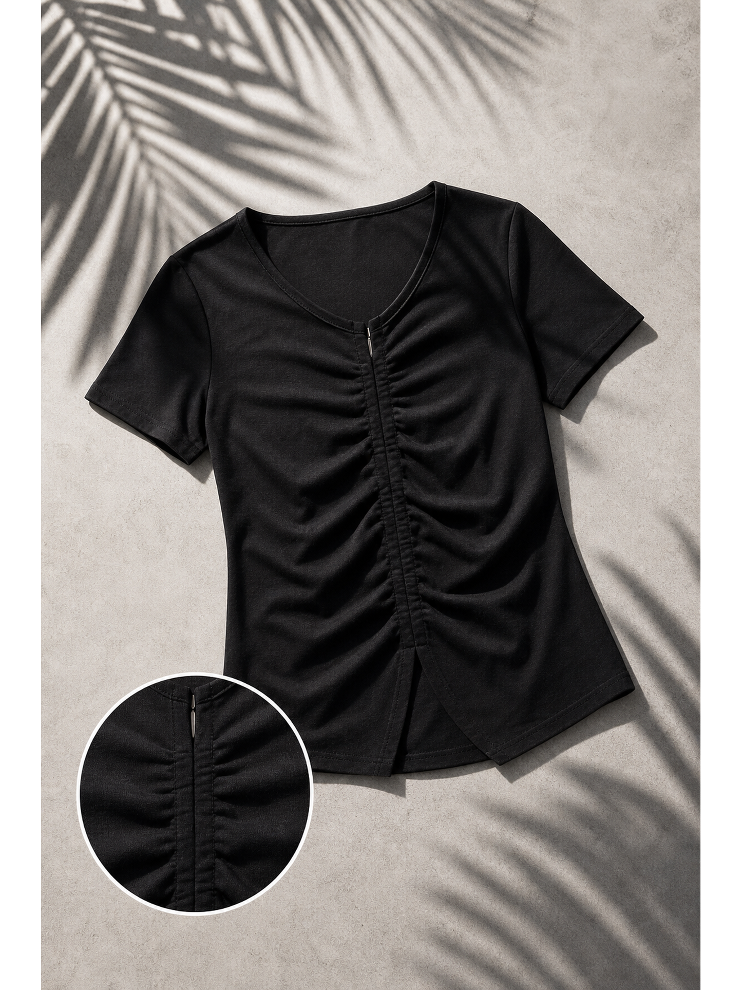 Black V-Neck Ruched Short-Sleeve Top