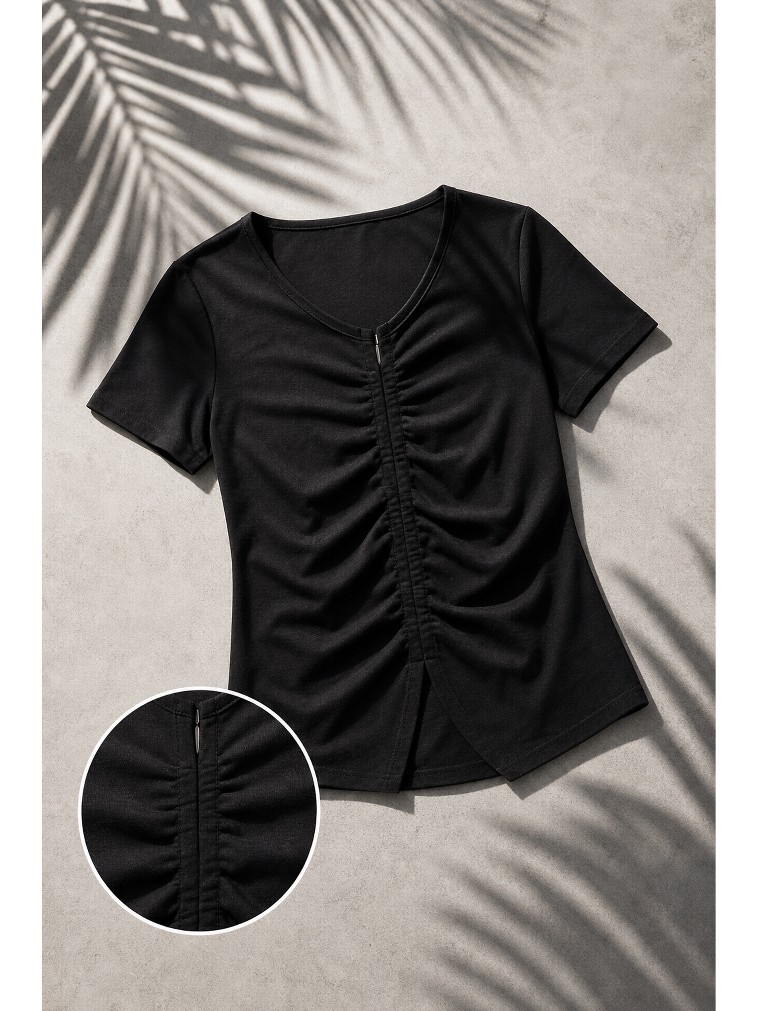 Black V-Neck Ruched Short-Sleeve Top
