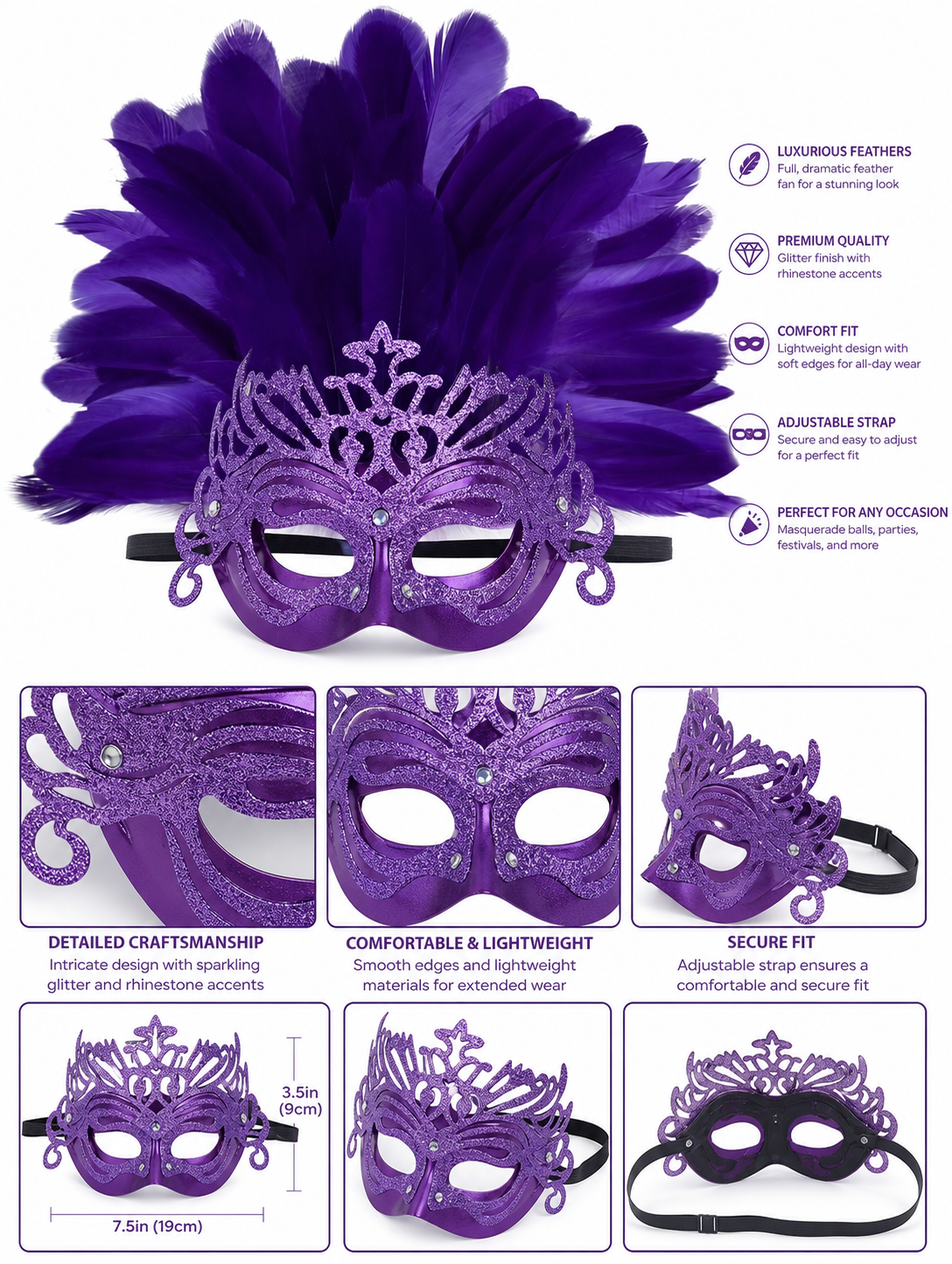 Purple Feathered Carnival Mask Headpiece product view 18