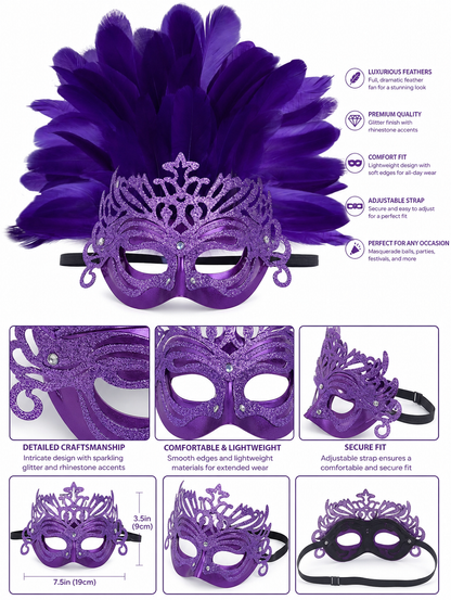Purple Feathered Carnival Mask Headpiece product view 18