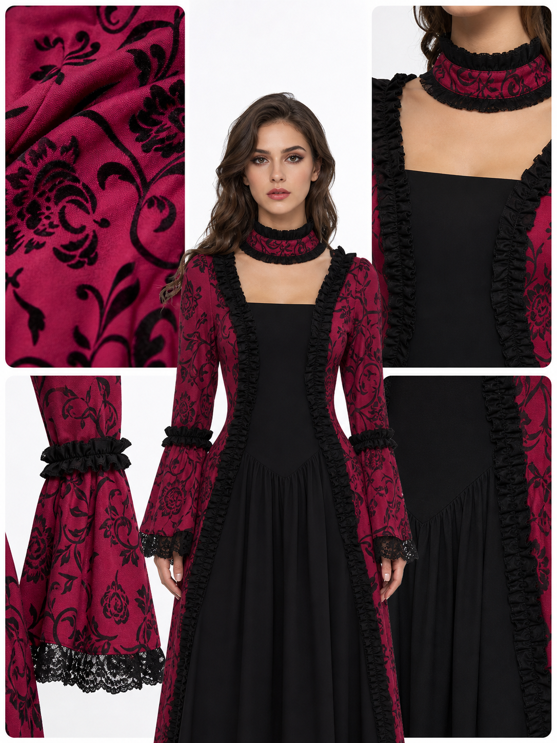 Women’s Gothic Medieval Court Costume Dress 2pcs Set With Neck Accessory, Red Black Scroll Print, Square Neck Long Sleeve Cosplay Outfit