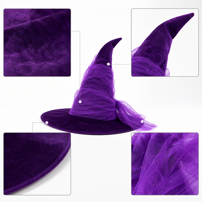 1pc Purple Halloween Witch Hat Wide Brim Crooked Pointed Crown With Sheer Mesh Veil Glitter Detail Costume Accessory