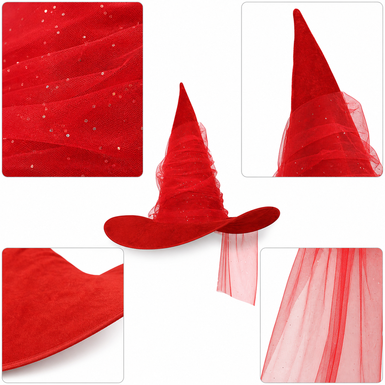 Red Halloween Witch Hat Tall Pointed Cone Wide Curved Brim Sheer Layered Glitter Speckled Costume Accessory for Parties and Photography