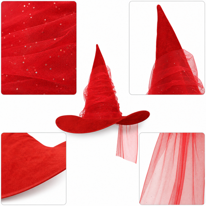 Red Halloween Witch Hat Tall Pointed Cone Wide Curved Brim Sheer Layered Glitter Speckled Costume Accessory for Parties and Photography
