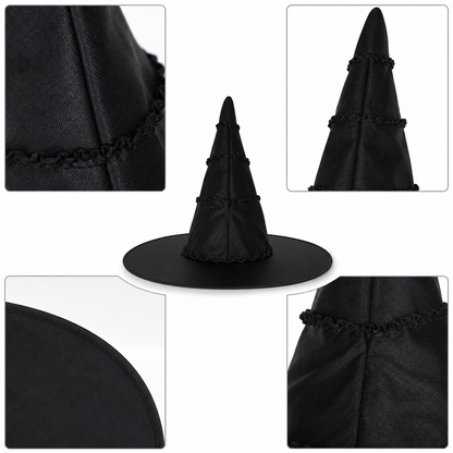 Black Halloween Witch Hat With Glossy Surface, Tall Pointed Crown And Wide Floppy Brim For Witch Cosplay Costume Party Accessory
