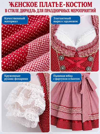 Dirndl-Style Dress Set with Apron, Red and White