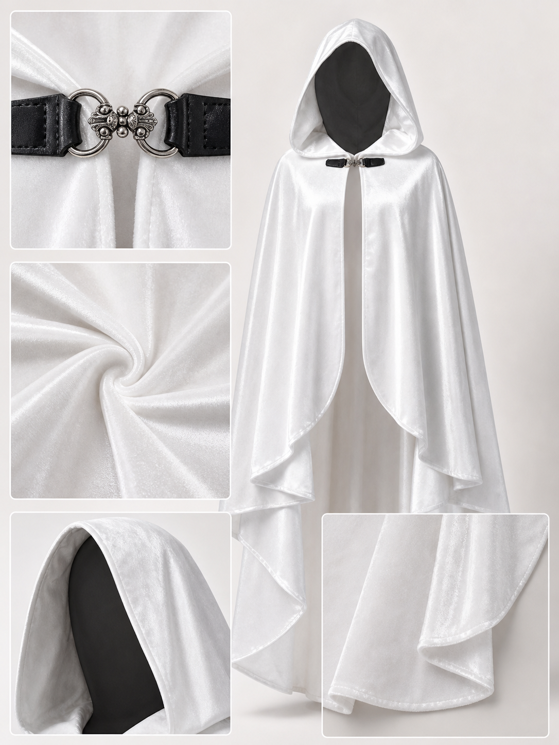 Long white hooded satin-look carnival cape product view 69