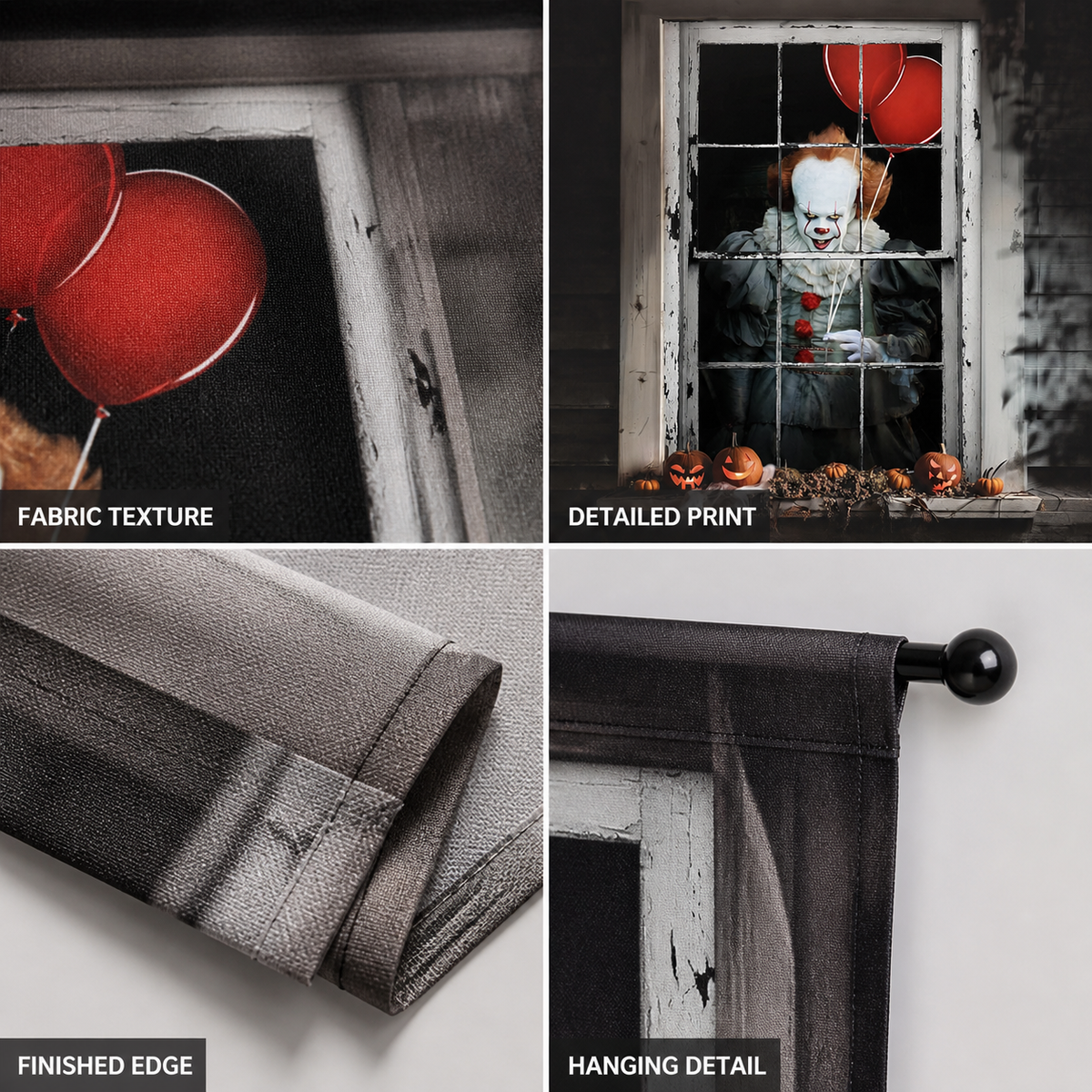 1pc Halloween Clown Backdrop, Vintage Window Frame with Red Balloons detail view