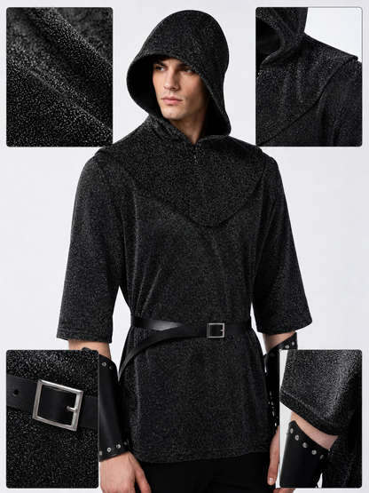 Medieval Knight Cosplay Costume Set, Black Hooded Long Sleeve Top With Chest Cover, Wrist Guards And Belt For Role Play