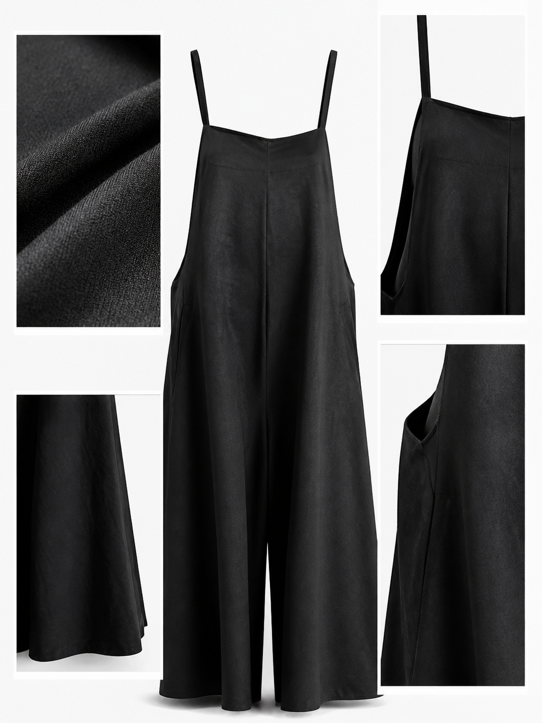 Information card showing the black jumpsuit with close-ups of the fabric, neckline, side pocket and wide-leg hem