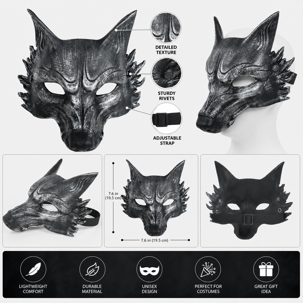 1pc Halloween Wolf Mask, Full Face Werewolf Style with Pointed Ears, Cosplay Party