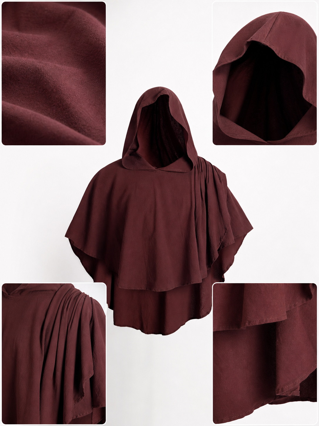 Hooded Cloak Halloween Costume, 1pc Dark Red Medieval Fantasy Cape With Attached Hood, Draped Sleeves And Layered Panels For Cosplay