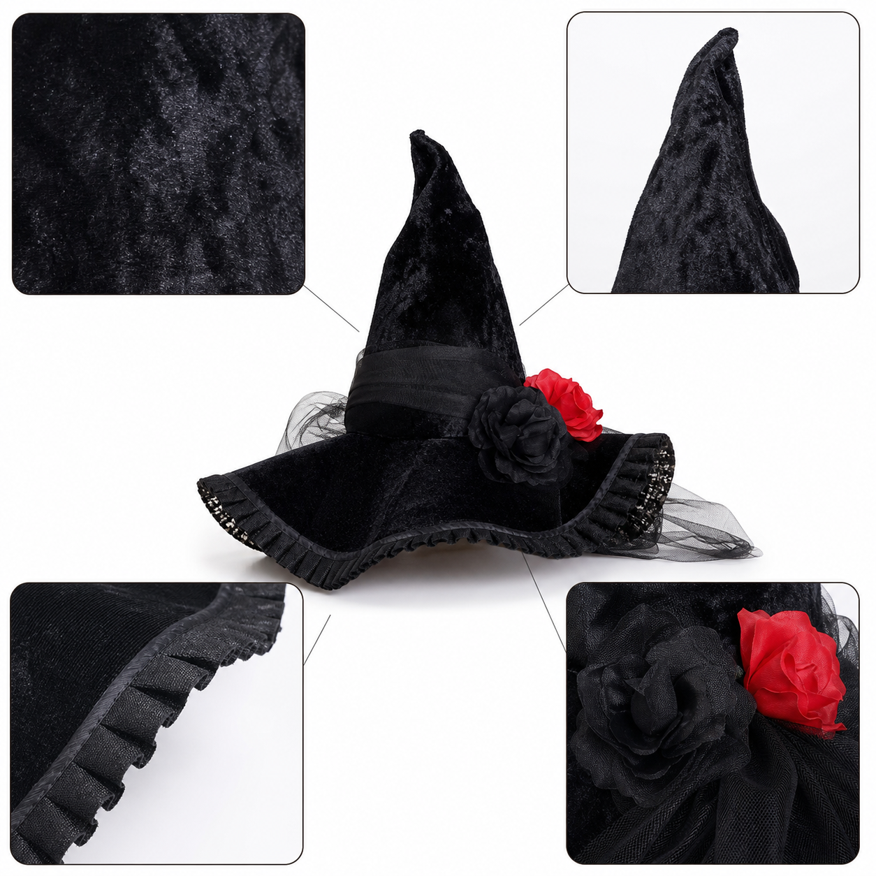 Black Halloween Witch Hat with Red Rose, Wide Brim, Tall Pointed Crown and Sheer Veil for Costume Parties and Photo Shoots