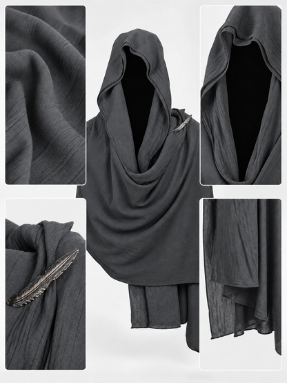 Detail views of the gray hooded scarf: crinkled cotton texture, deep hood, feather brooch and distressed hem