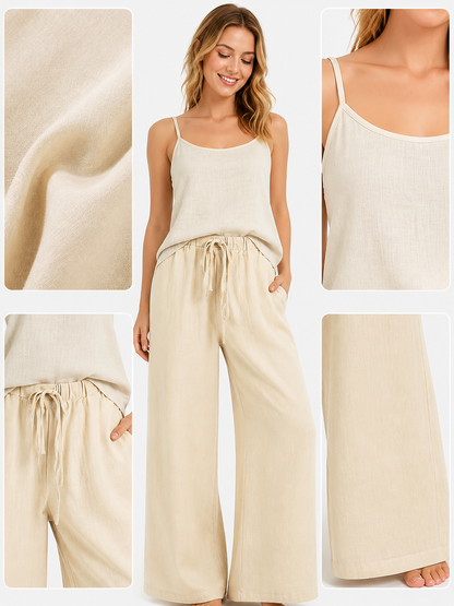 Beige Wide-Leg Pants with an Elastic Waistband and Drawstring detail view 3