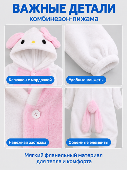 White and Pink Kids' Hooded Pajama Jumpsuit