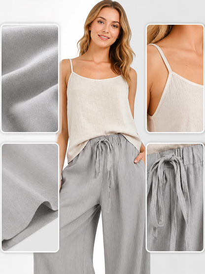 Gray wide-leg jeans with a drawstring and elastic waistband detail view 2