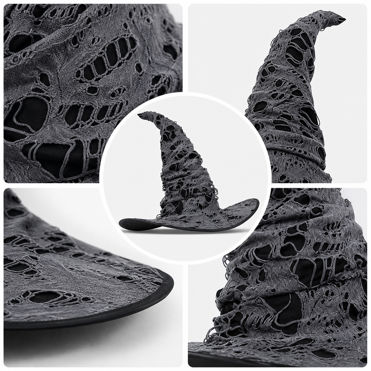 Dark Gray Halloween Witch Hat, Tall Crooked Pointed Hat With Distressed Shredded Texture, Wide Curved Brim For Costume Party Cosplay