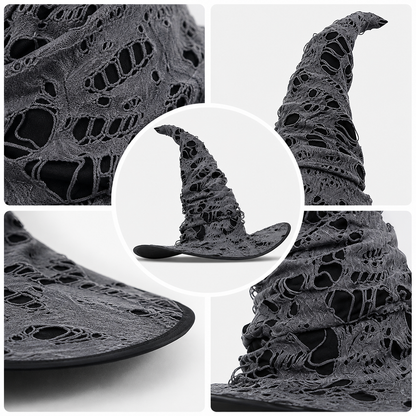 Dark Gray Halloween Witch Hat, Tall Crooked Pointed Hat With Distressed Shredded Texture, Wide Curved Brim For Costume Party Cosplay