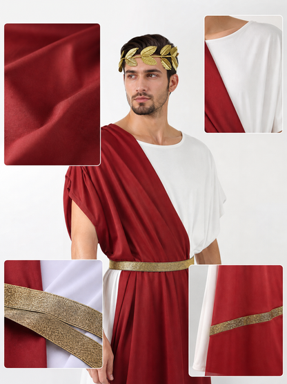 Men's Ancient Greek Costume, Red And White Draped Tunic With Gold Belt And Laurel Headpiece For Cosplay, Stage Events