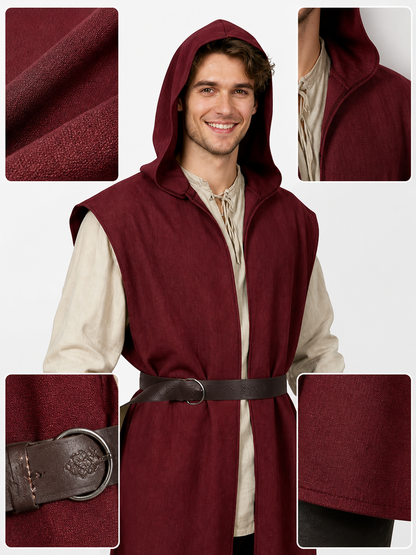 Adult Medieval Fantasy Hooded Cape, Wine Red Sleeveless Long Split-Hem Cloak detail view 3