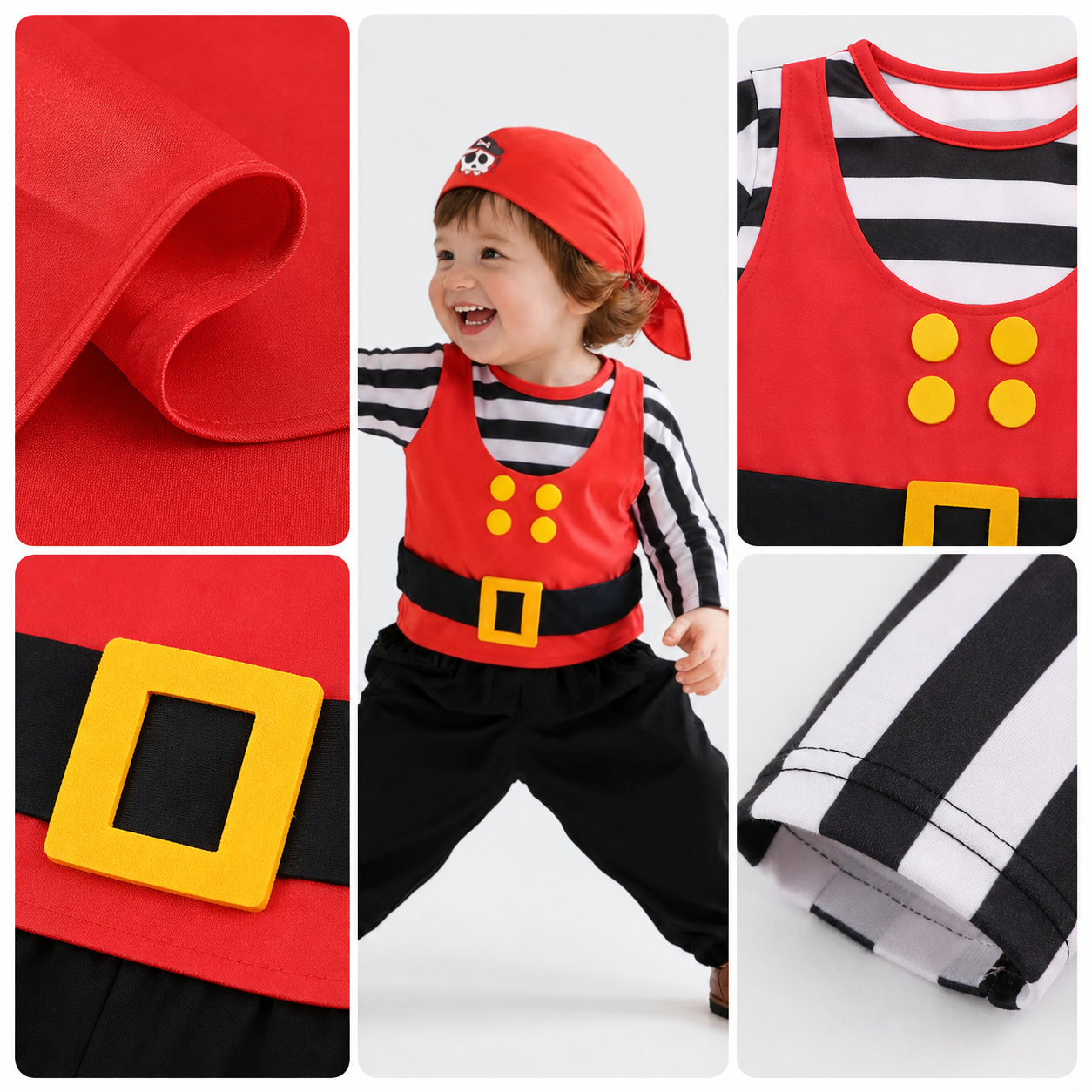 Kids Halloween Pirate Costume Set 4Pcs Red Bandana Striped Long Sleeve Vest Black Pants Toy Sword for Role Play Party
