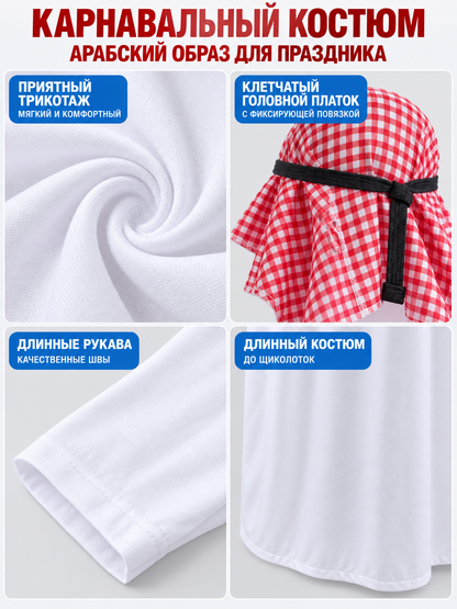 White carnival costume with plaid scarf and mustache