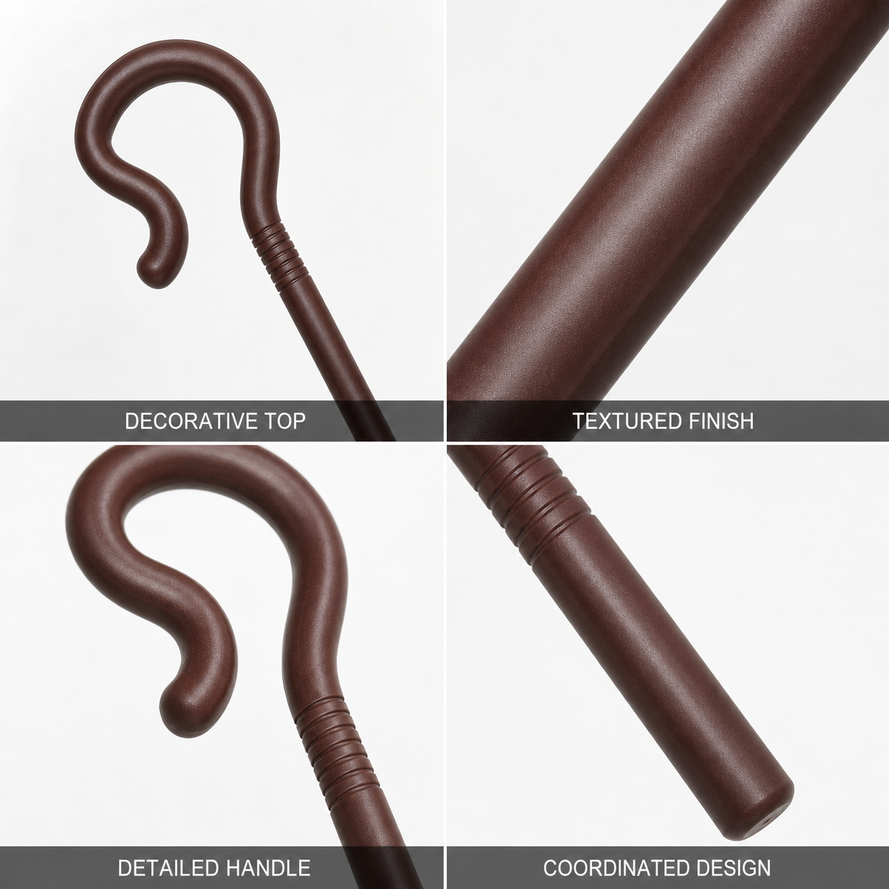 Dark Brown Jesus Scepter Cane Prop, Bent Hook Handle With Ring Grooves, Long detail view