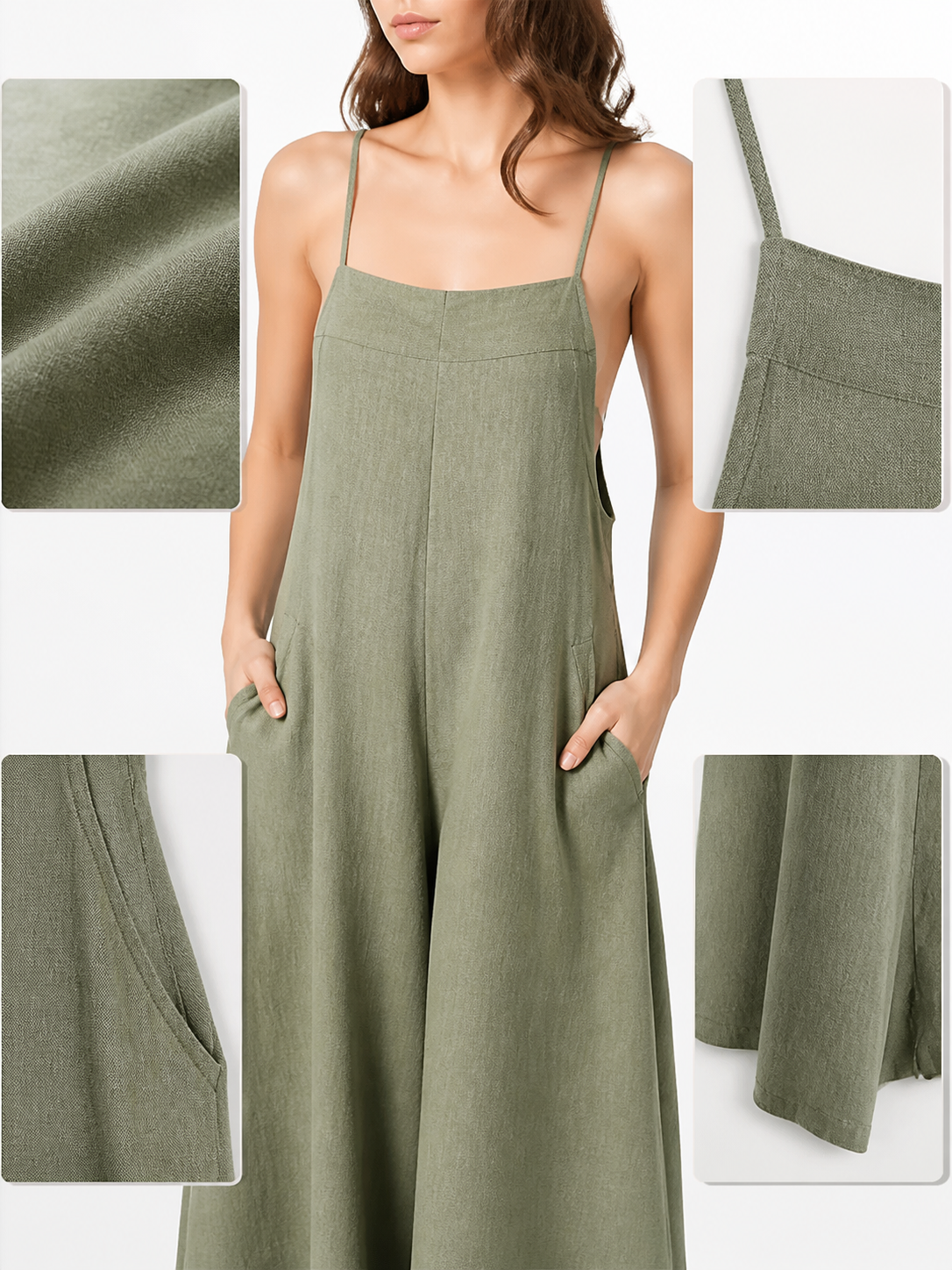 Information card showing an olive green jumpsuit with close-ups of the fabric, thin strap, side pocket, and wide-leg hem