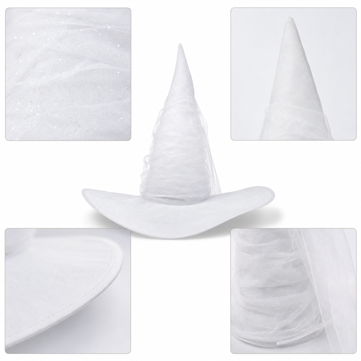 White Halloween Witch Hat With Attached Sheer Veil, Tall Curved Pointed Crown And Wide Floppy Brim For Cosplay Costume Party