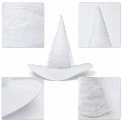 White Halloween Witch Hat With Attached Sheer Veil, Tall Curved Pointed Crown And Wide Floppy Brim For Cosplay Costume Party