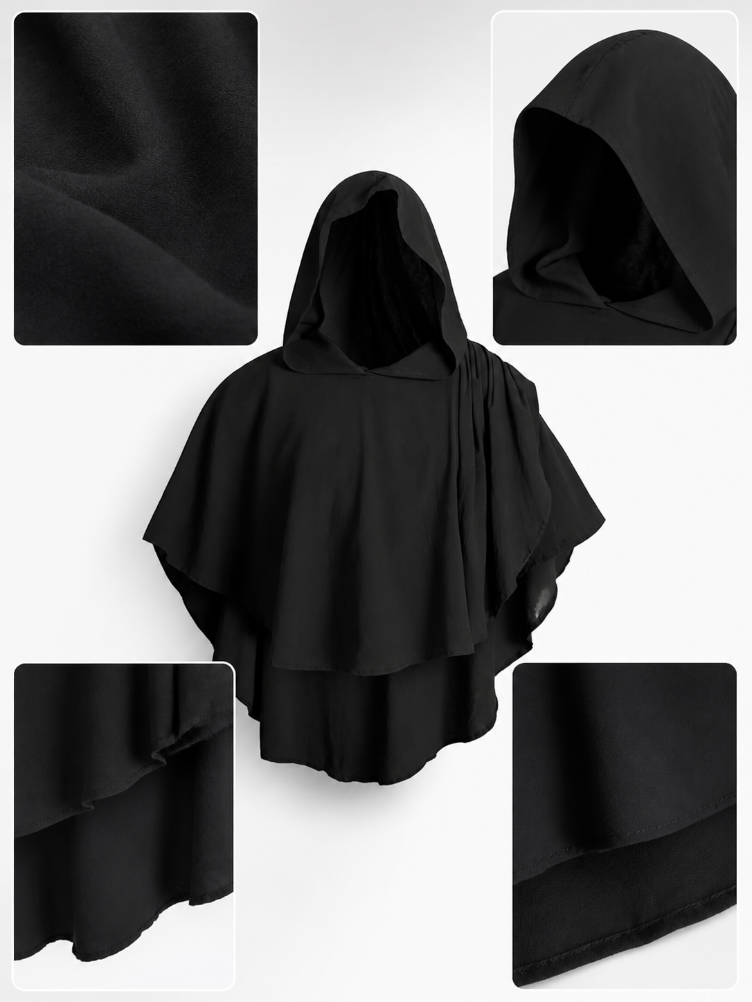 Black Hooded Cloak Costume, Full-Length Loose-Fit Poncho With Oversized Face-Covering Hood, Layered Draped Panels For Themed Events