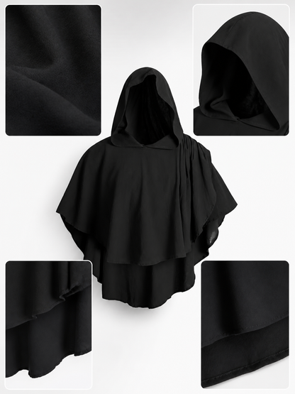 Black Hooded Cloak Costume, Full-Length Loose-Fit Poncho With Oversized Face-Covering Hood, Layered Draped Panels For Themed Events