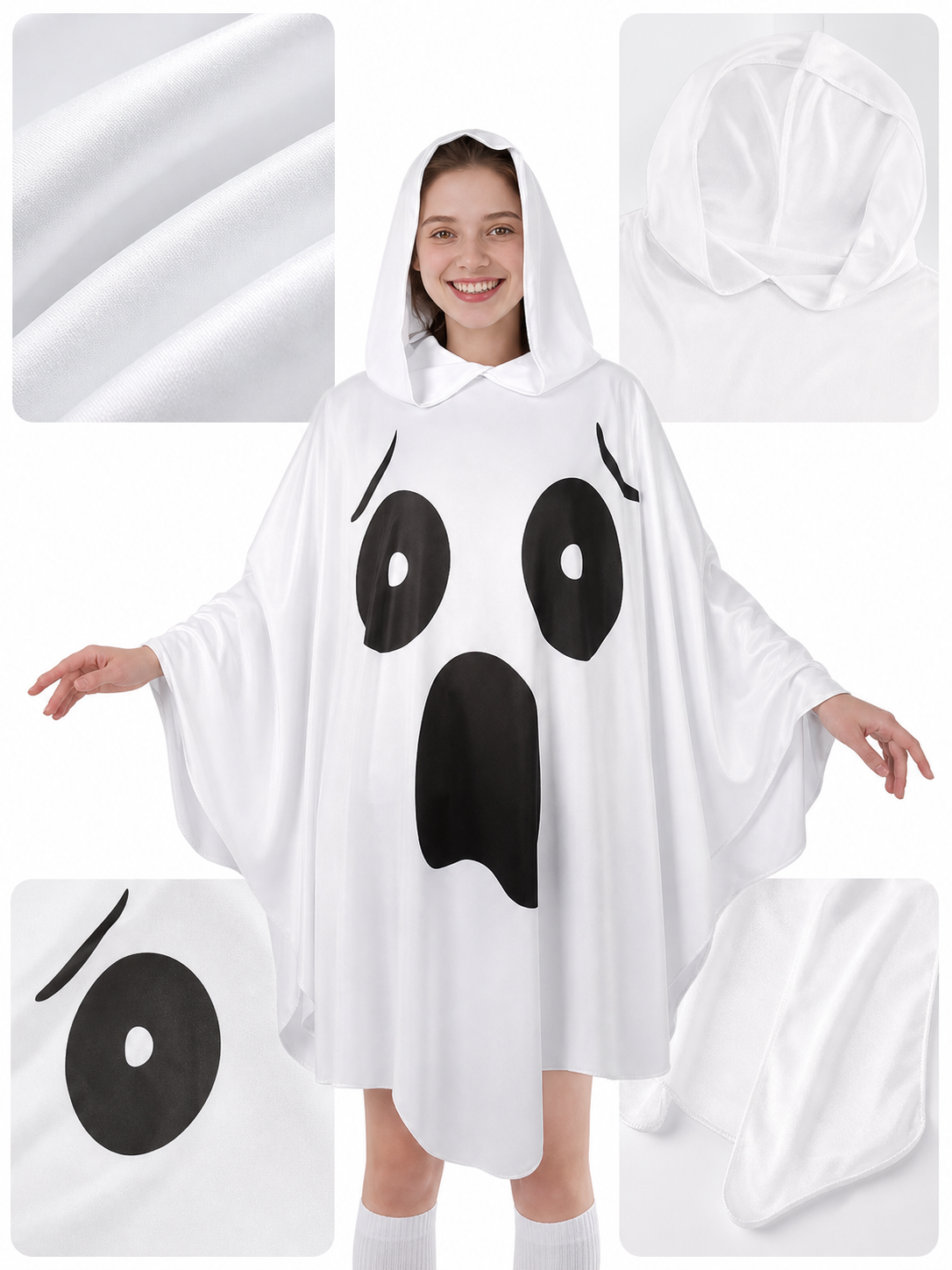 Ghost Halloween Costume Poncho with Attached Hood, Wide Draped Sleeves, Open Mouth Graphic and Spooky Face Design for Costume Events