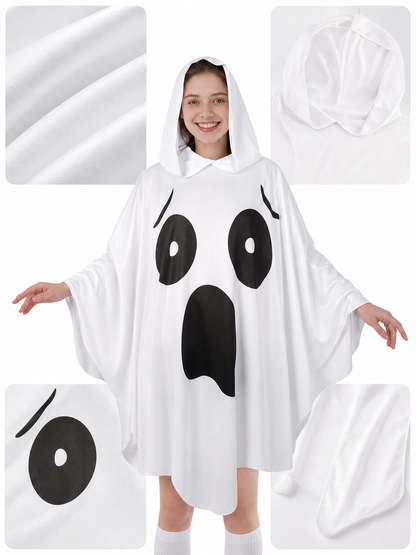 Ghost Halloween Costume Poncho with Attached Hood, Wide Draped Sleeves, Open Mouth Graphic and Spooky Face Design for Costume Events