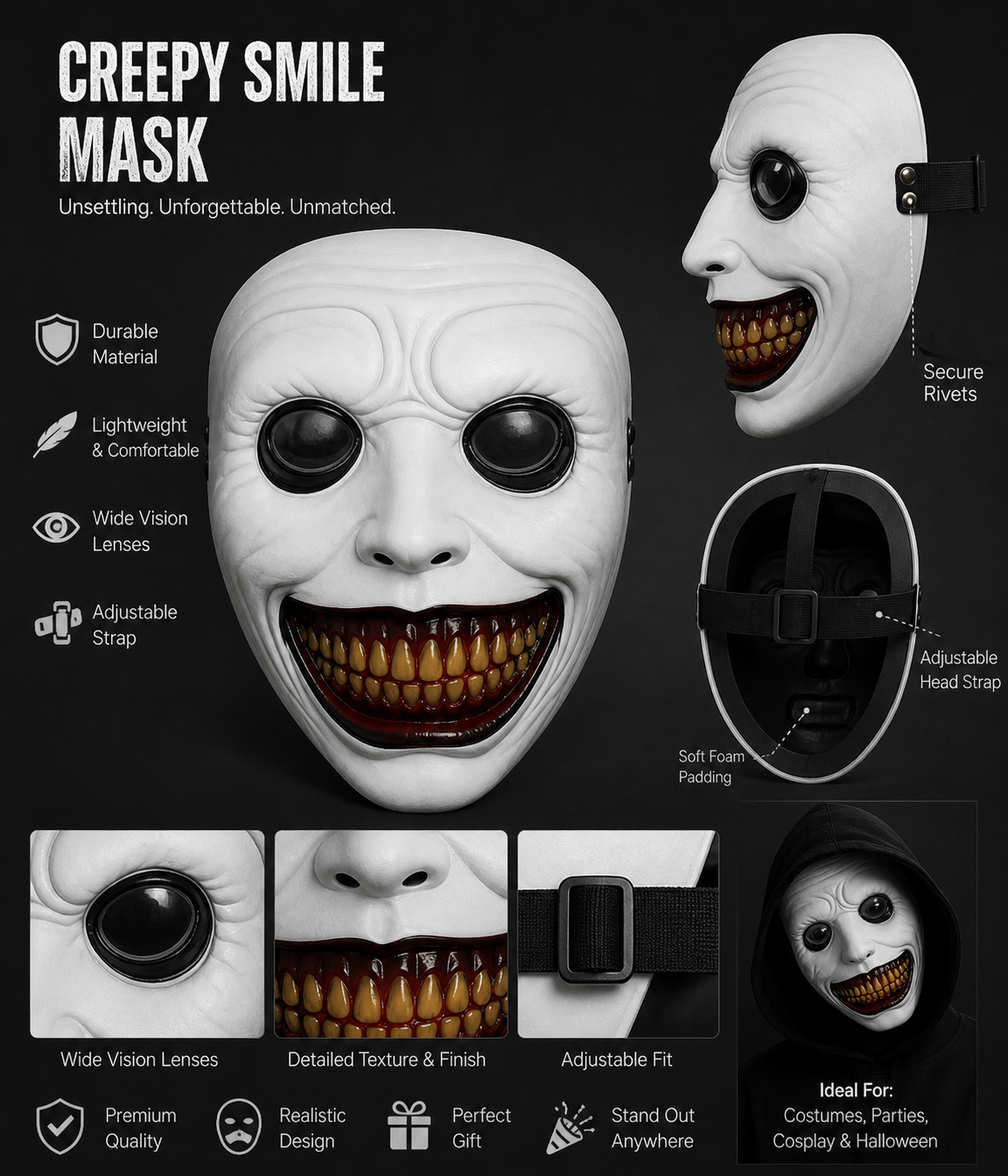 1pc Halloween Grinning Horror Face Mask, Full Face Creepy Costume Style