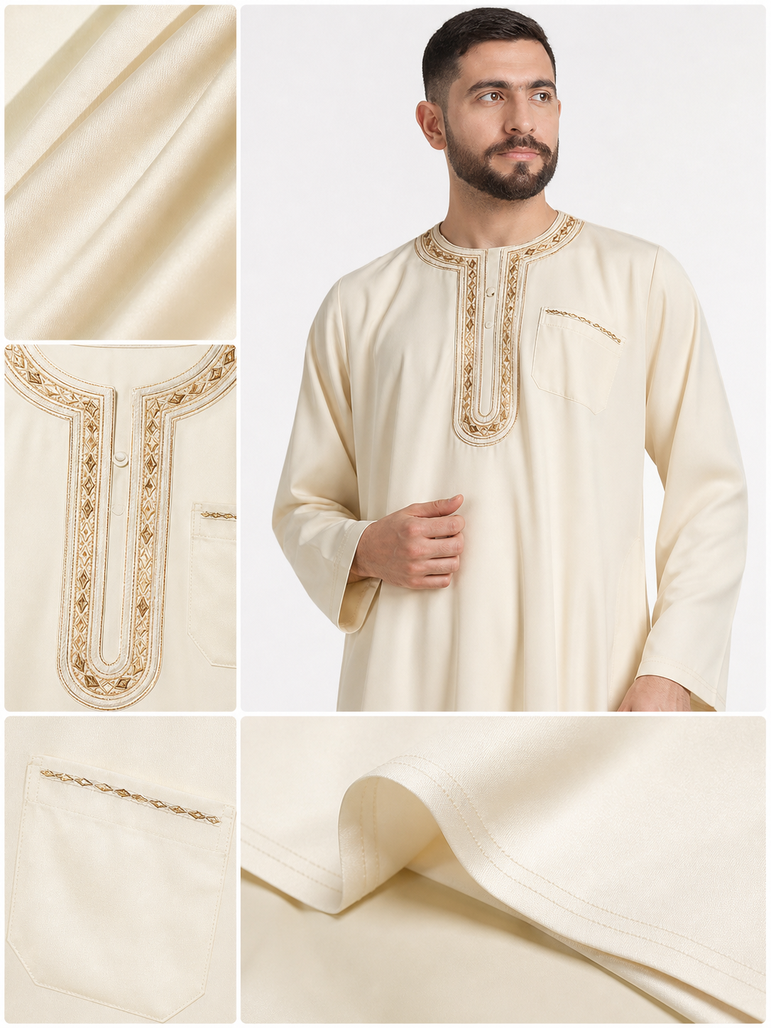 Men's Traditional Muslim Long Robe, Cream Ivory Ankle-Length Design with Embroidered Chest Placket and Long Sleeves for Formal Gatherings