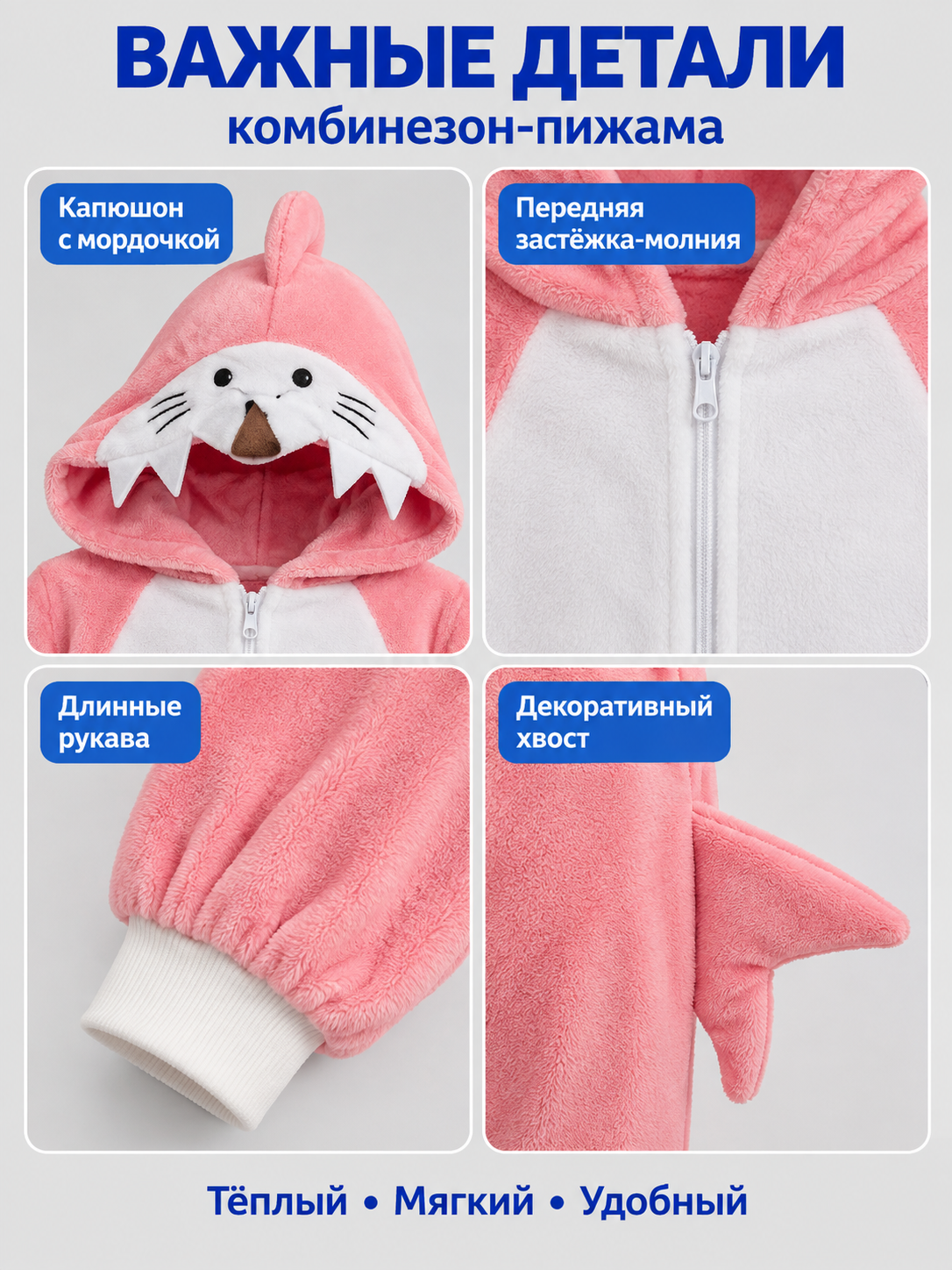 Pink Fleece Hooded Pajama Jumpsuit with Tail