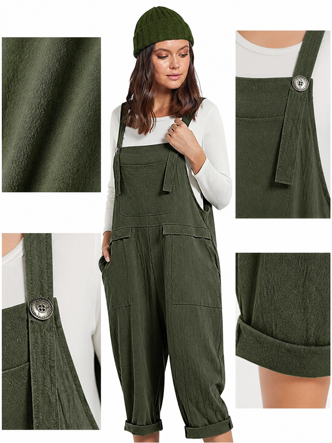 Information card showing dark green bib overalls with close-ups of the textured fabric, shoulder button, strap, pocket, and rolled cuff