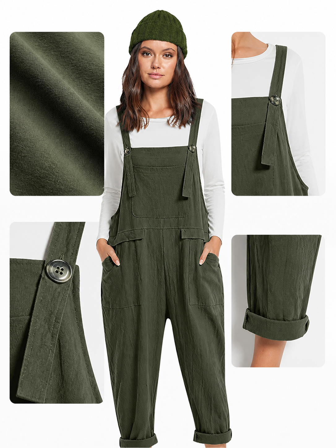 Information card showing dark green bib overalls with close-ups of the fabric texture, metal shoulder button, strap, side pocket, and cuff