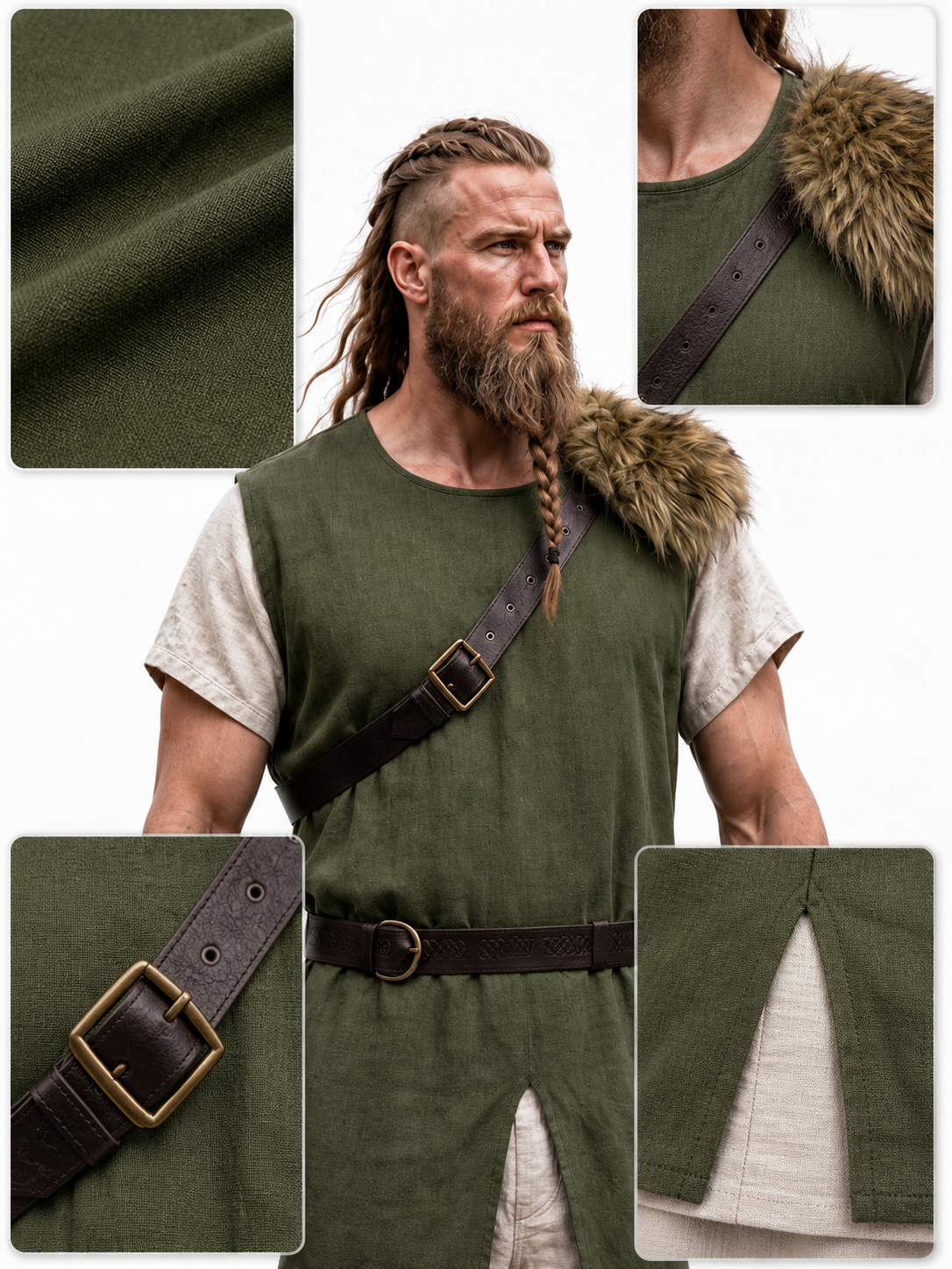 Green fur-trimmed belted costume vest product view 17