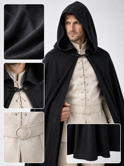 Black Long Hooded Cotton-Linen Cloak detail view 2