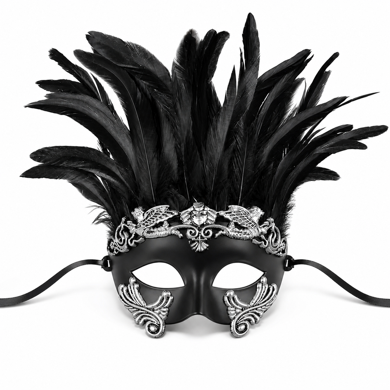 1pc Halloween Black and Silver Feather Half Face Masquerade Mask, Venetian Style
