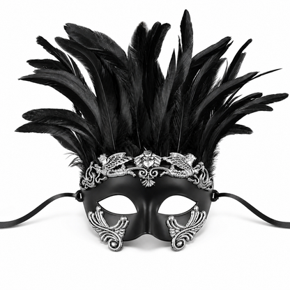 1pc Halloween Black and Silver Feather Half Face Masquerade Mask, Venetian Style