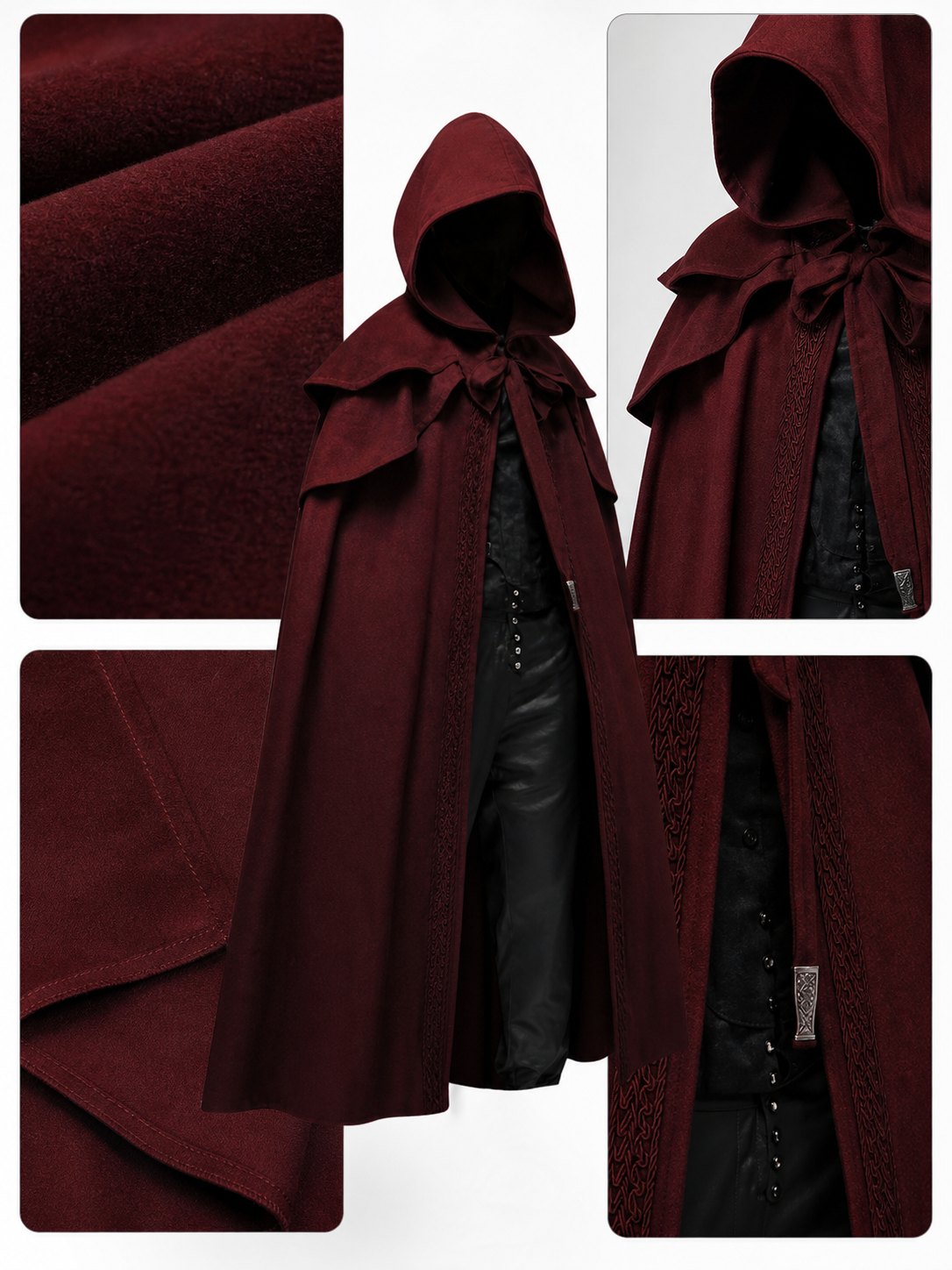 Medieval Gothic Hooded Cloak, Burgundy