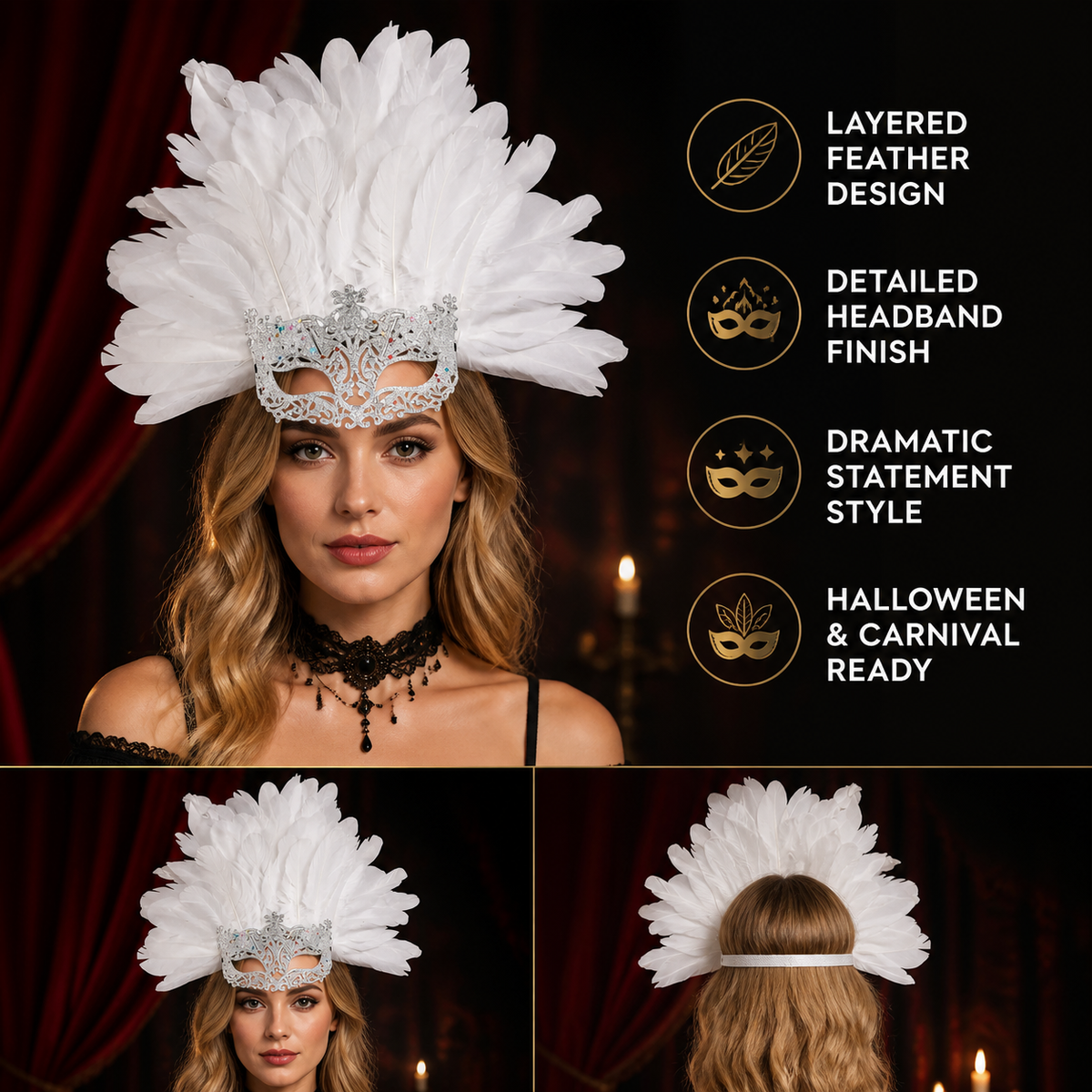 White Feather Masquerade Mask product view 36