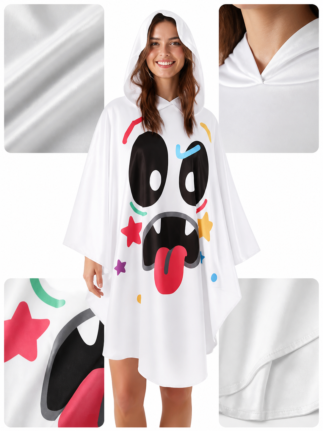 Halloween Ghost Costume Hooded Poncho with Cartoon Face Graphic, Wide Draped Sleeves and Multicolor Details for Costume Parties