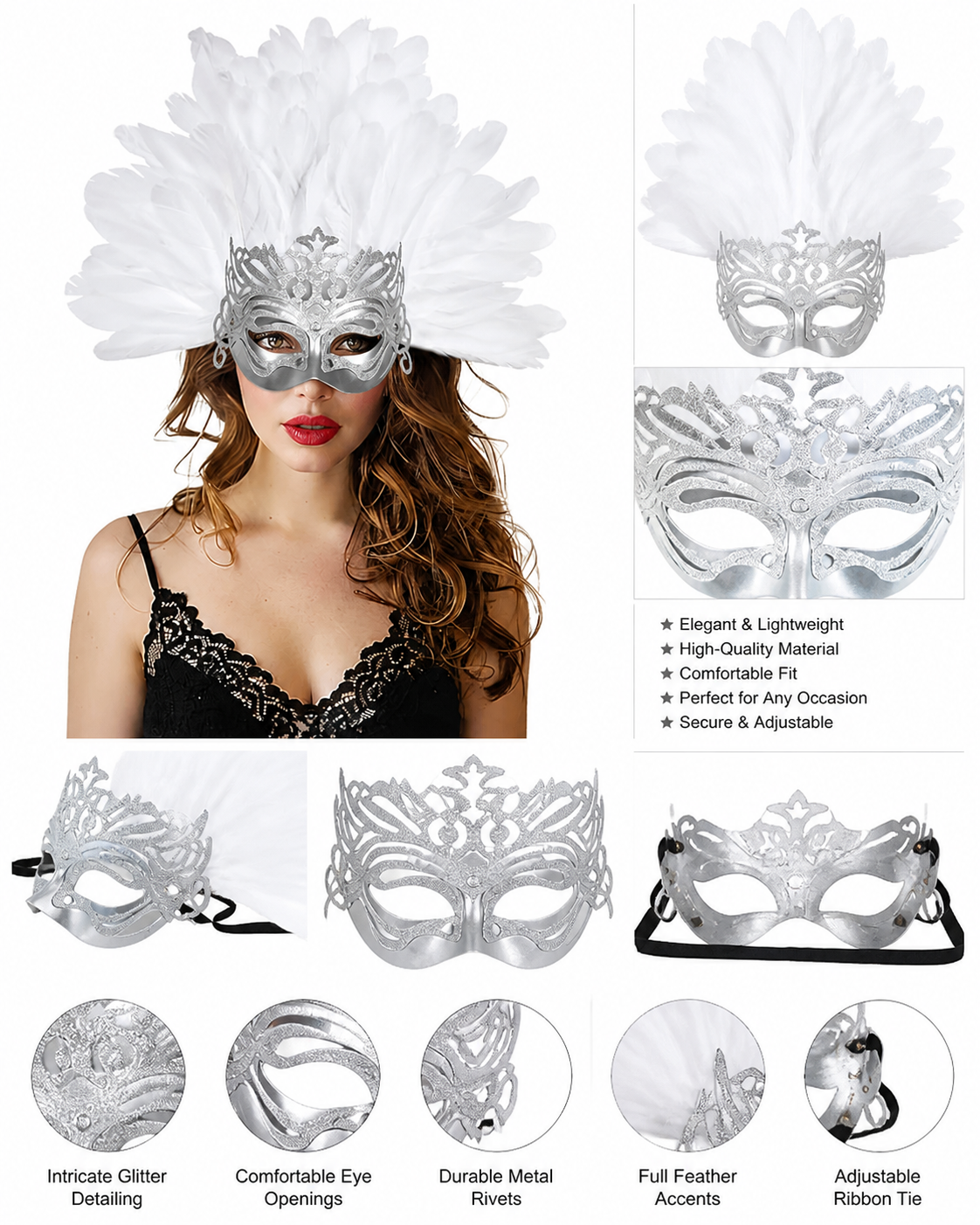 1pc White Feather Mask with Silver Lace Hollow Out, Crown Headdress for Vintage detail view