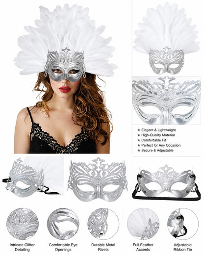 1pc White Feather Mask with Silver Lace Hollow Out, Crown Headdress for Vintage detail view